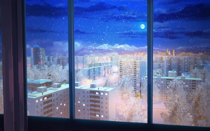 Winter Cityscape at Night Through a Window