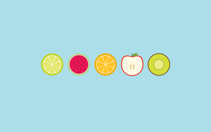 Minimalist illustration of sliced fruits on a blue background