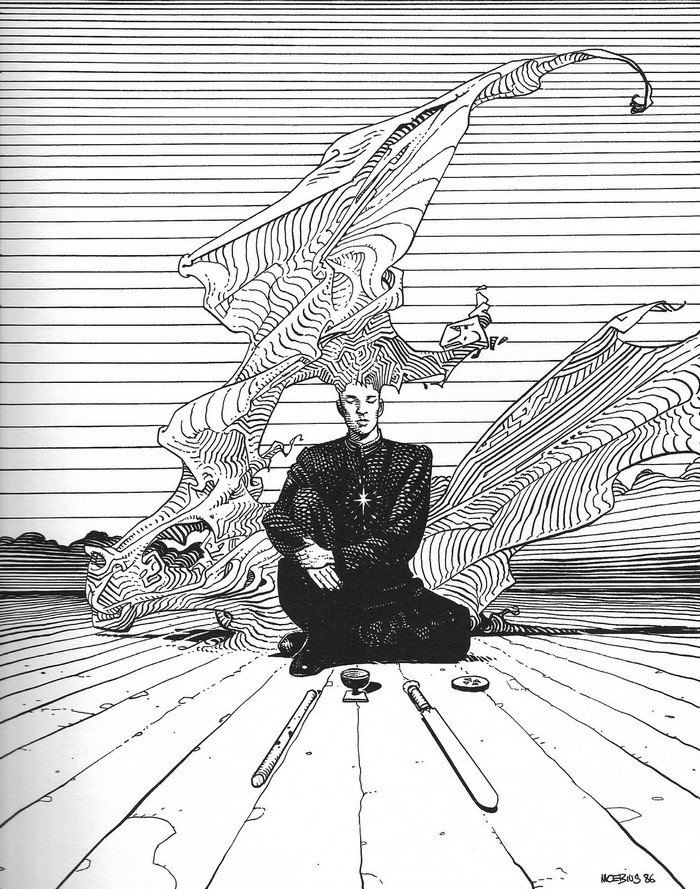 Man meditating with dragon wings and swords