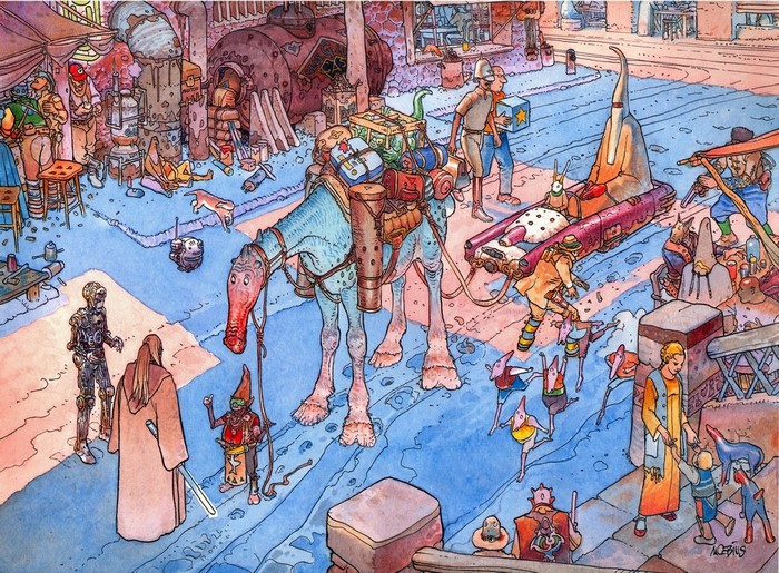 Mœbius illustration of a bustling alien marketplace with a camel-like creature