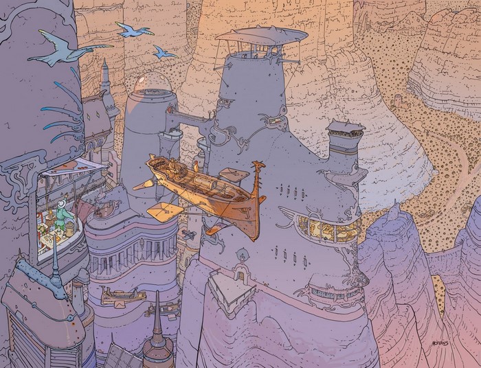 Mœbius illustration of a futuristic city in a canyon
