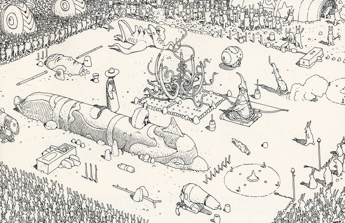 Drawing of a surreal scene with rabbit-like figures and strange creatures
