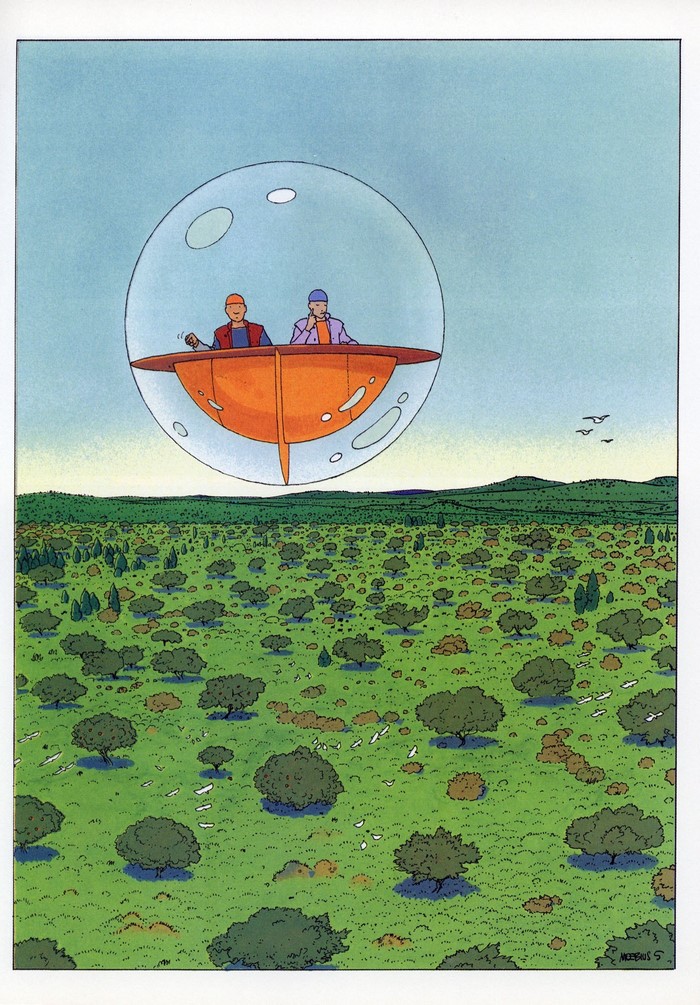 Two people in a bubble vehicle over a grassy landscape