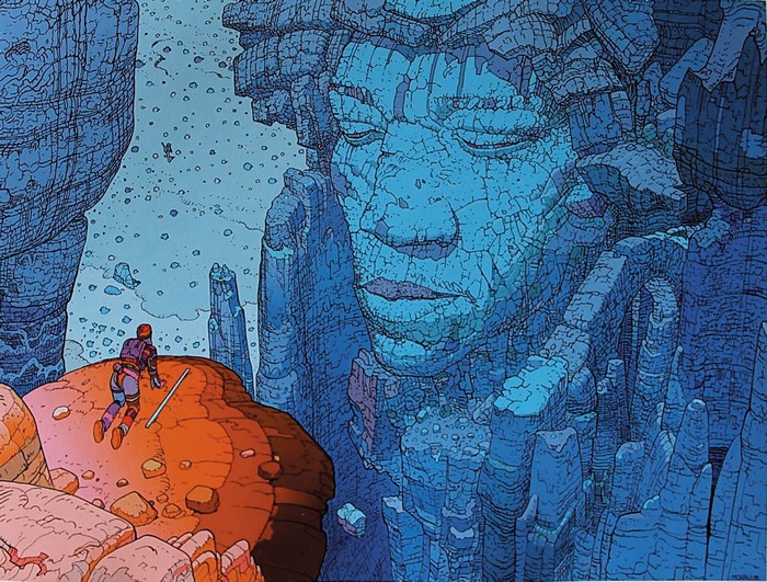Mœbius illustration of a figure in a blue rocky landscape