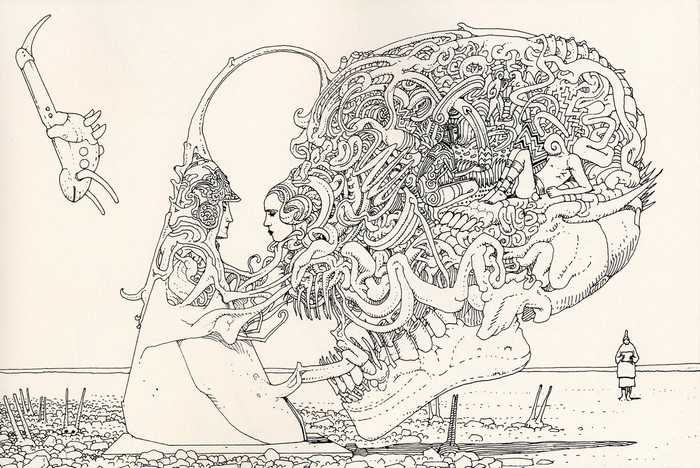 Surreal illustration of figures within a skull