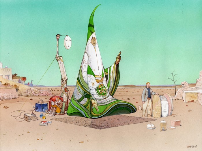Mœbius painting of figures in a desert landscape