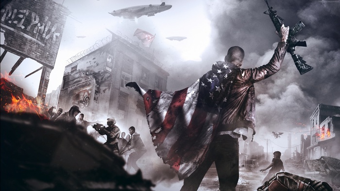 Homefront: The Revolution soldier with American flag and rifle