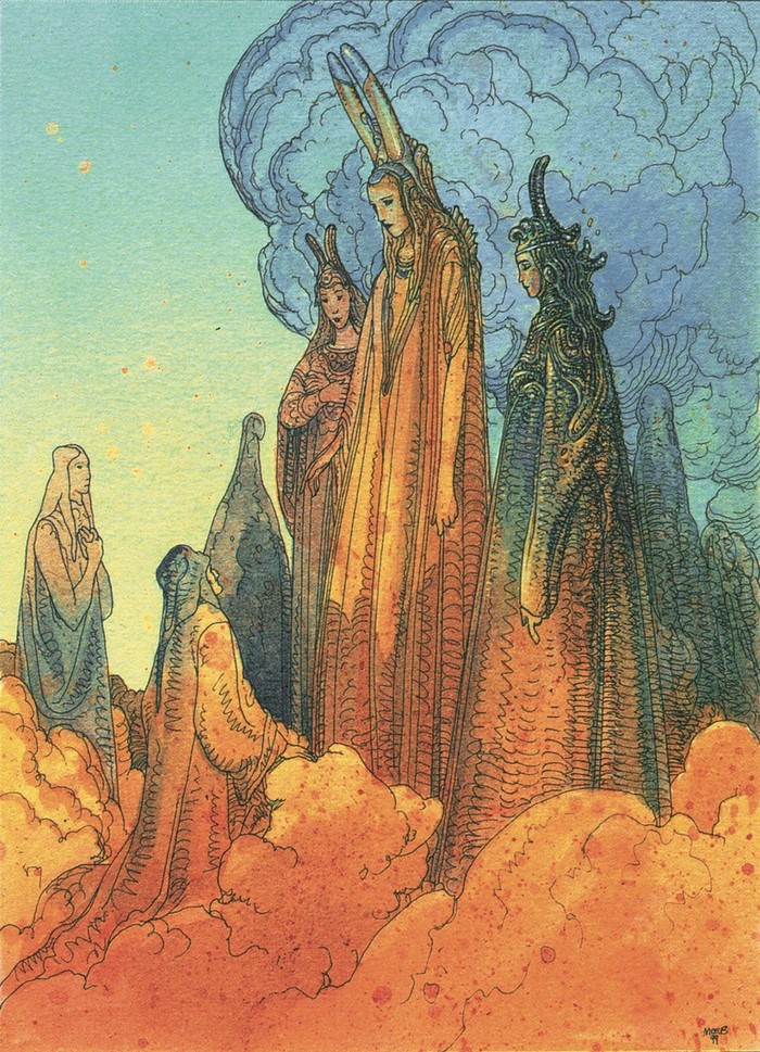 Figures in a surreal landscape by Mœbius