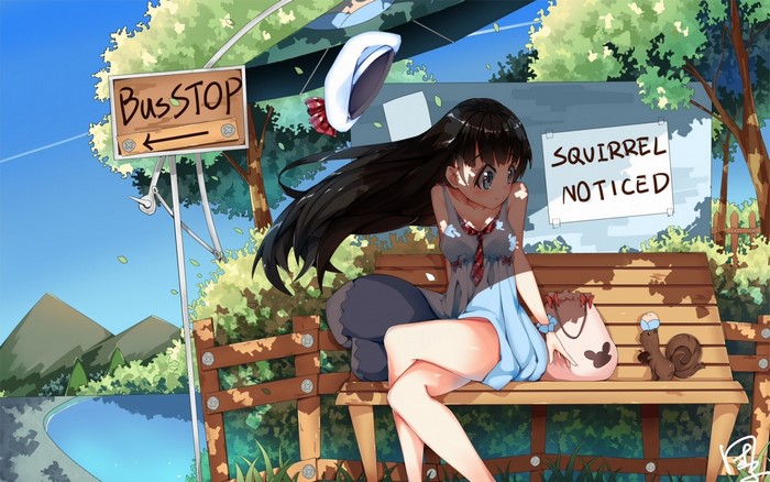 Anime girl at bus stop with squirrel and snail