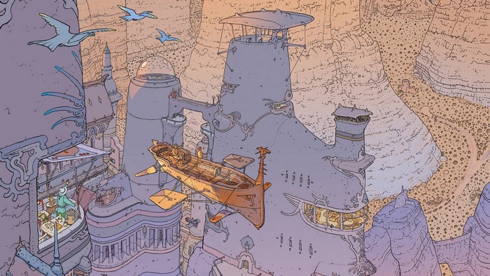 Mœbius illustration of a futuristic city in a canyon
