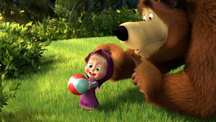 Masha and the Bear in a Sunny Forest Clearing