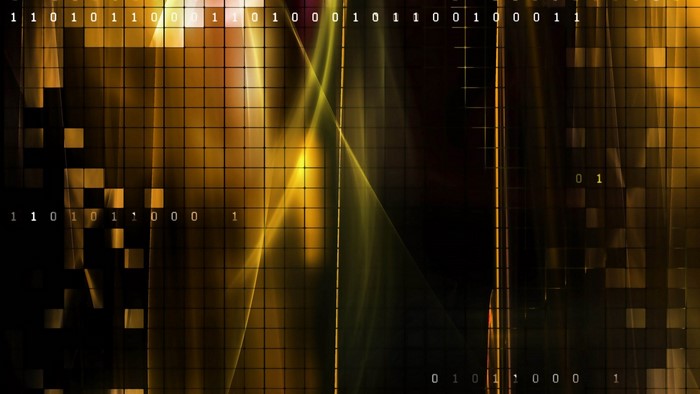Digital art with binary code and golden light