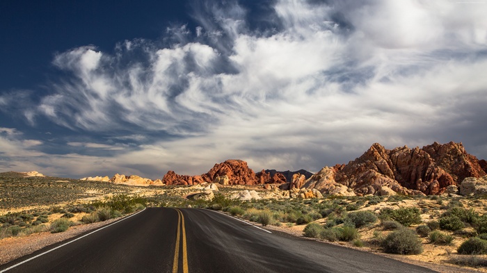 Las Vegas, 4k, 5k, mountain, valley, clouds, day, wallpaper, the Valley of Fire State Park, road, sky