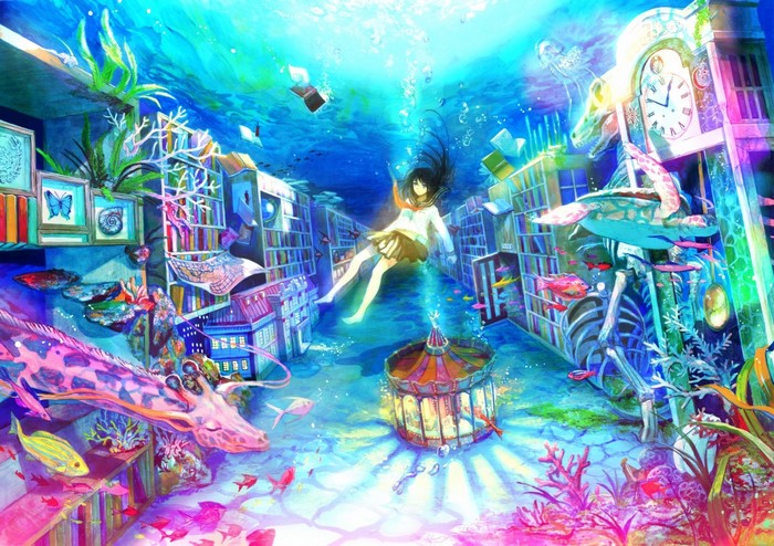 Underwater library with a girl, carousel, and giraffe