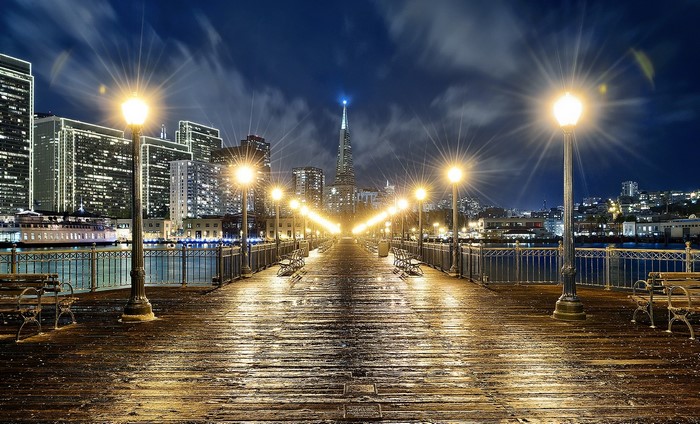 San Francisco cityscape at night from a pier