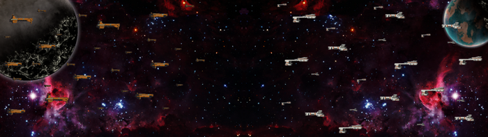 Space battle with fleets of ships near planets and nebulae