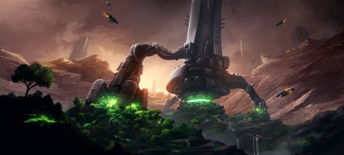 Sci-fi landing structure in a rocky alien landscape with flying vehicles