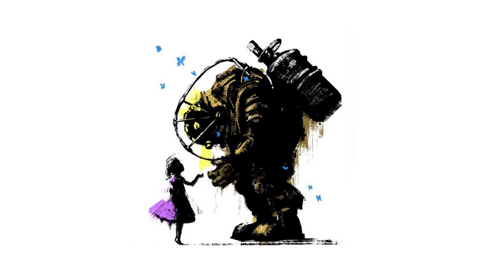 Little Sister and Big Daddy from BioShock with butterflies
