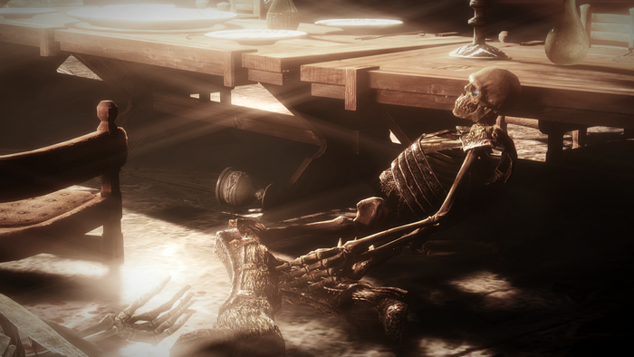 Skeleton at a table in The Elder Scrolls V Skyrim