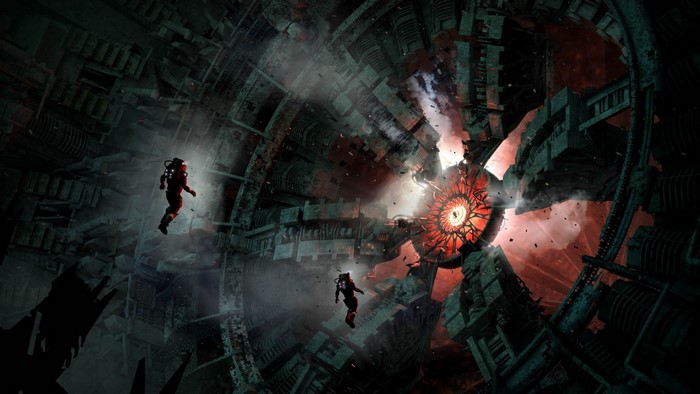 Astronauts in a damaged space station with a glowing core