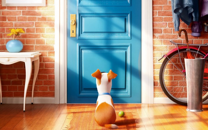 Max from The Secret Life of Pets at the door