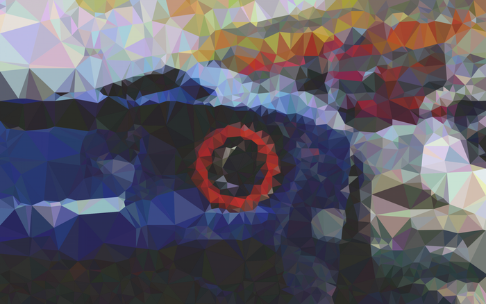 Low poly illustration of a car with a red circle emblem