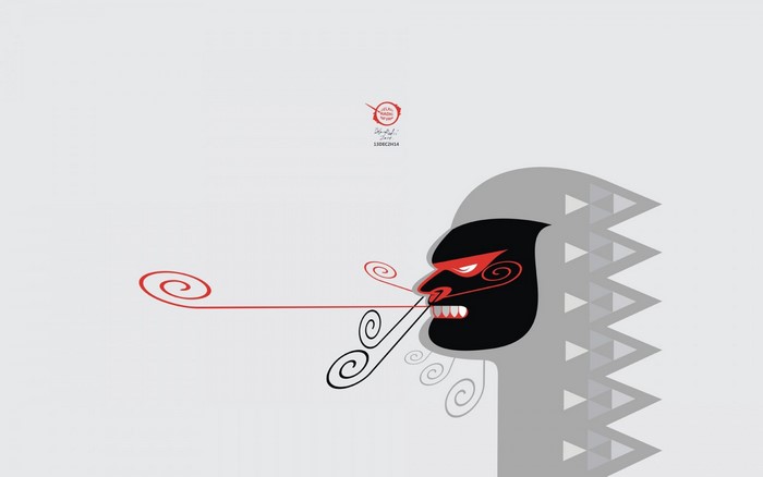Stylized illustration of a black and red face with swirling lines