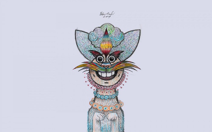 Colorful drawing of a cat-like creature with a hat