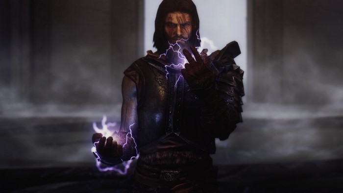 Man casting lightning spells in The Elder Scrolls V Skyrim