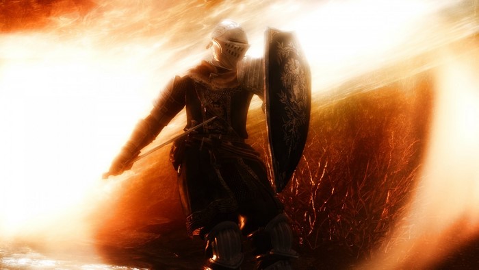 Knight with sword and shield in sunlight