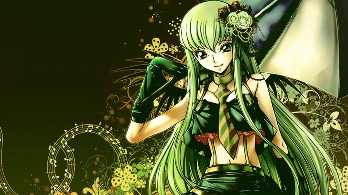 C.C. from Code Geass with green hair and wings