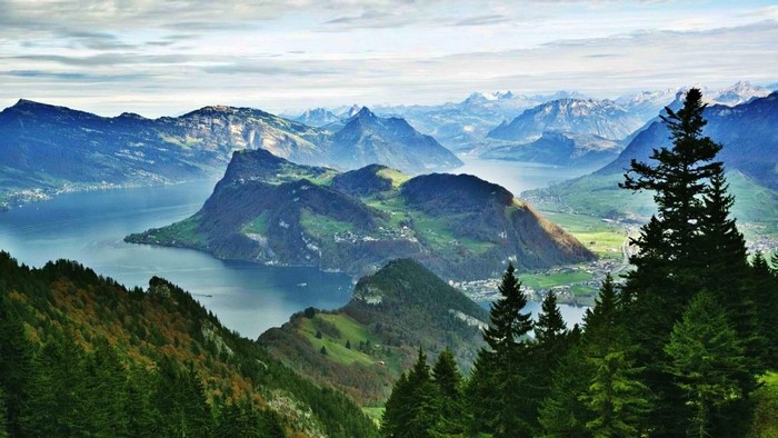 Mountainous landscape with a lake and evergreen trees