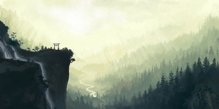 Misty mountains with a waterfall and a torii gate