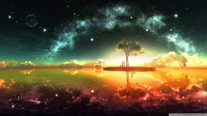 Fantasy lake with tree and galaxy sky