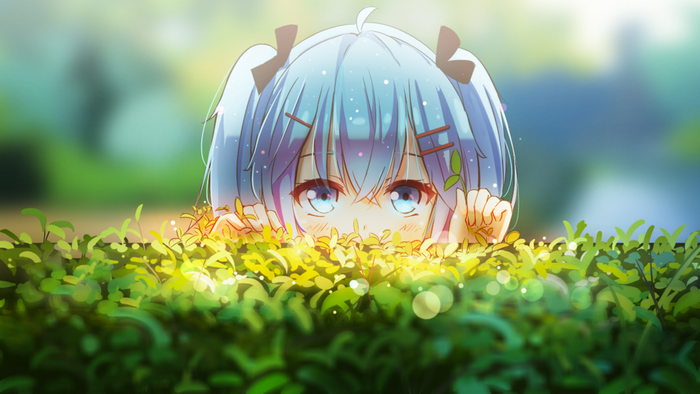 Anime girl with blue twintails peeking from grass