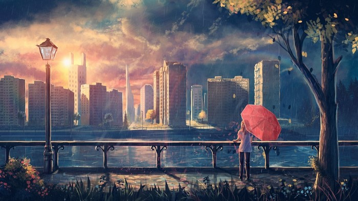 Anime cityscape at sunset with a girl holding an umbrella