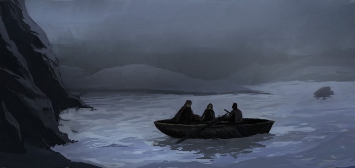 People in a rowboat on a dark, choppy lake