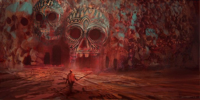 Painting of a person in a cave with giant skulls