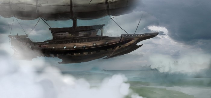 Steampunk airship sailing through clouds over the sea