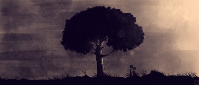 Silhouette of a tree with two small figures in a field