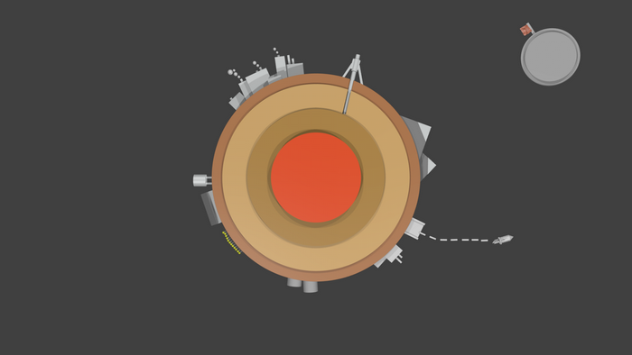Cross-section of Earth with city and space station