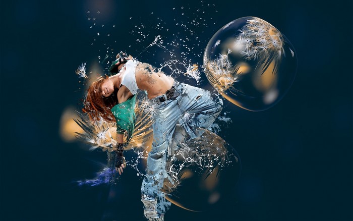Dancer in water with dandelion seeds and bubbles