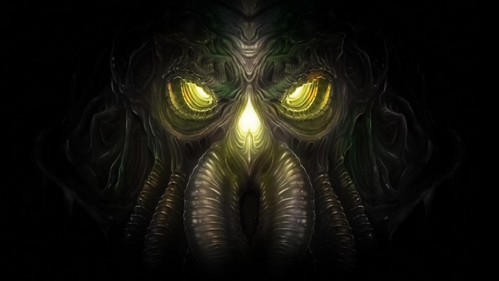 Close-up of Cthulhu's face with glowing eyes