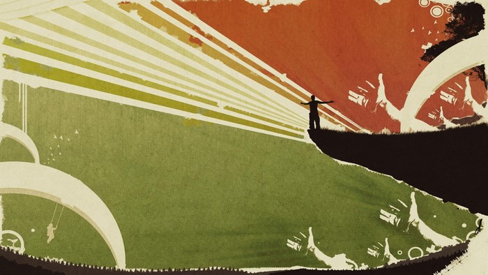 Abstract illustration with stylized sun rays and figures