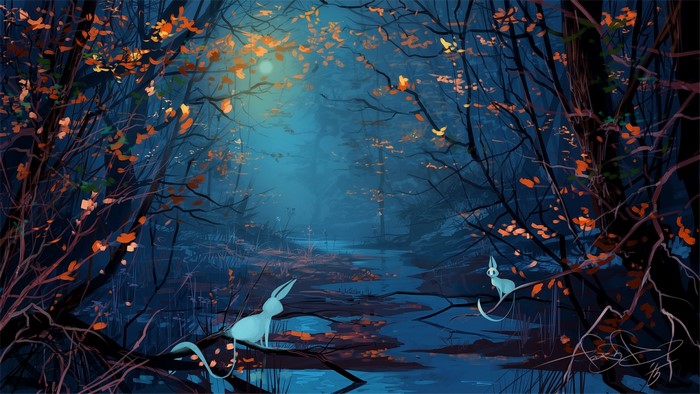 Two Eevees by a stream in an autumn forest at night