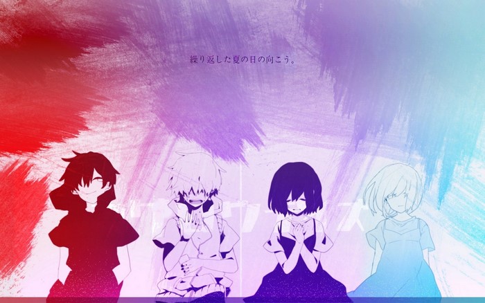 Characters from Kagerou Project in front of abstract background