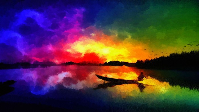 Painting of a boat on a rainbow lake at sunset