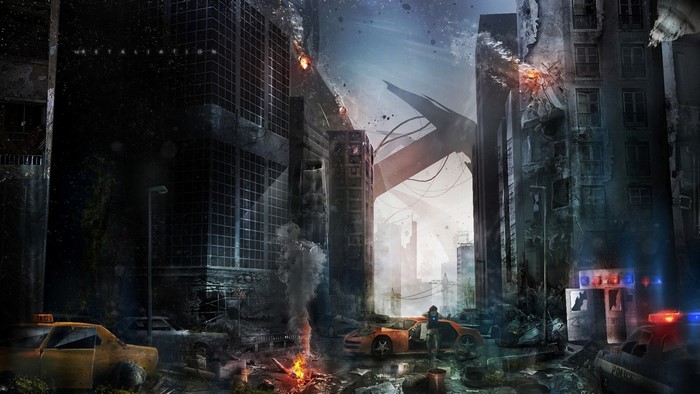 Apocalyptic city scene with damaged buildings and vehicles