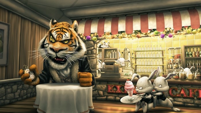 Tiger and rabbits in a cafe