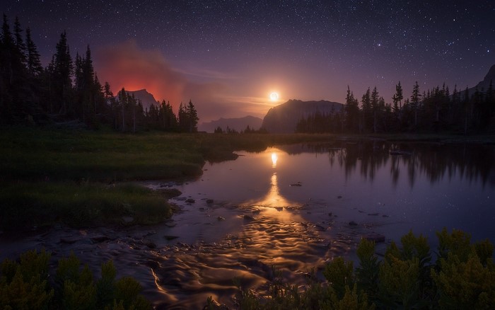 Moonlit Lake at Glacier National Park Dusk